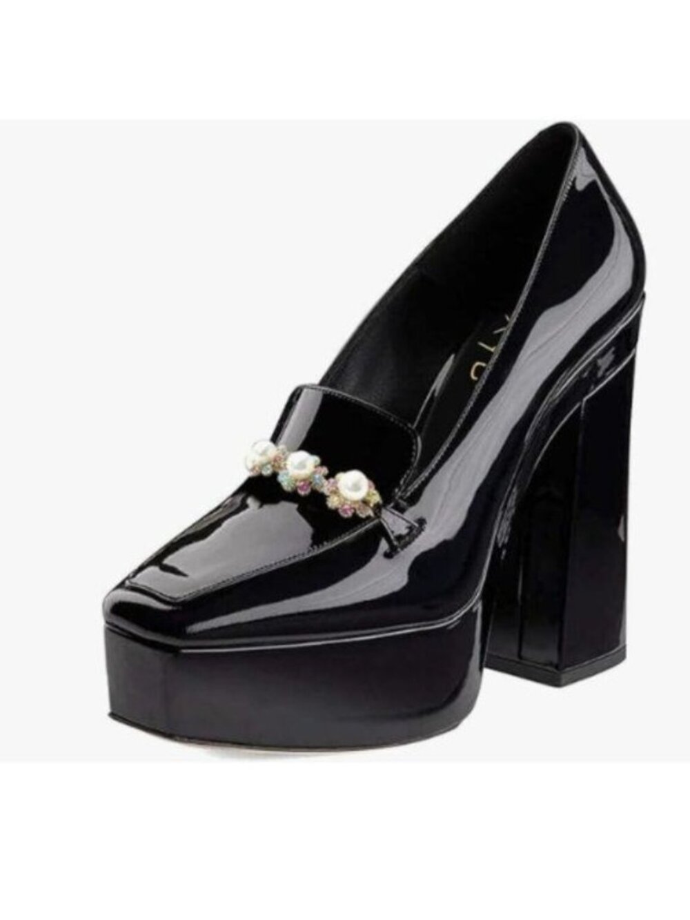 XYD Women Closed Square Toe Pearl Pumps Slip On Rhinestones Platform Black Shoes